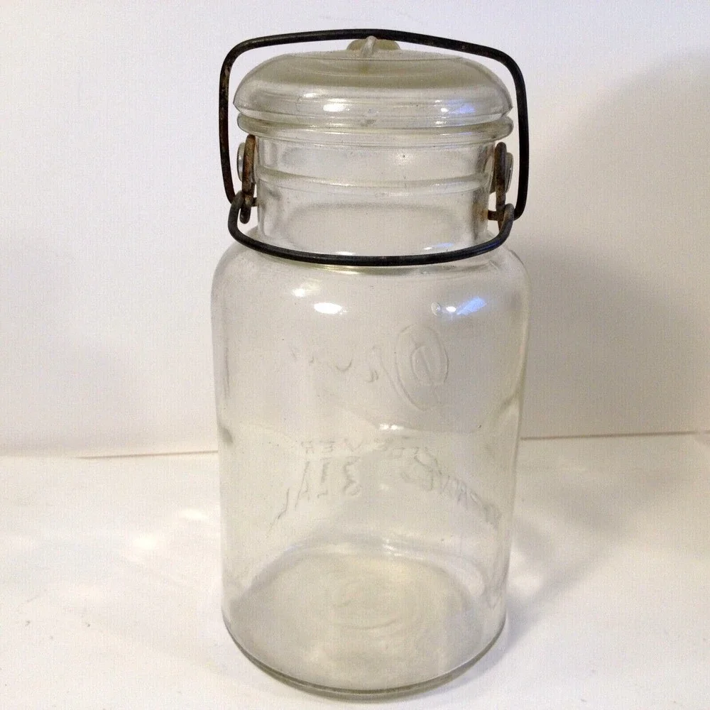Vintage Drey Improved Ever Seal Clear Glass Canning Jar w/ Lid Wire Bail Quart